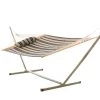 Deluxe 52'' Quilted Fabric Hammock With Patented KD Space Saving Hammock Stand And Pillow Combo - Beige And Black Stripe 2 Deluxe 52'' Quilted Fabric Hammock With Patented KD Space Saving Hammock Stand And Pillow Combo - Beige And Black Stripe -Boutique Hammock Shop comboqp18bgst studio2 xx