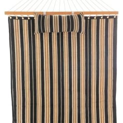 Deluxe 52'' Quilted Fabric Hammock With Patented KD Space Saving Hammock Stand And Pillow Combo - Beige And Black Stripe -Boutique Hammock Shop comboqp18blst studio 4 xx