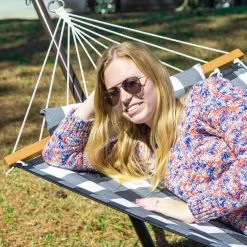 Single 36'' Quilted Fabric Hammock With Patented KD Space Saving Hammock Stand And Pillow Combo - Buffalo Plaid 10 Single 36'' Quilted Fabric Hammock With Patented KD Space Saving Hammock Stand And Pillow Combo - Buffalo Plaid -Boutique Hammock Shop comboqp36bcbw lifestyle4 xx