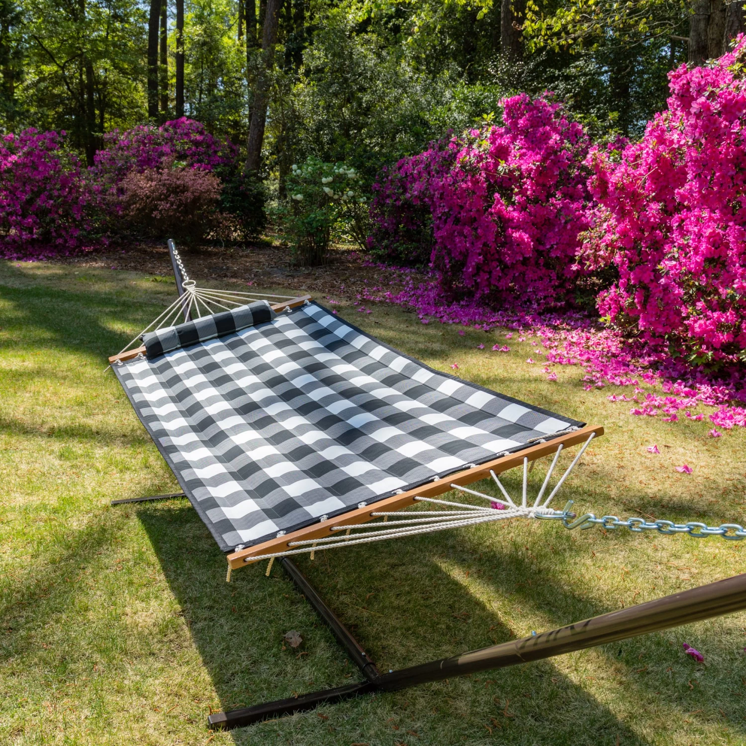 Single 36'' Quilted Fabric Hammock With Patented KD Space Saving Hammock Stand And Pillow Combo - Buffalo Plaid 3 Single 36'' Quilted Fabric Hammock With Patented KD Space Saving Hammock Stand And Pillow Combo - Buffalo Plaid