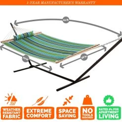 Single 36'' Quilted Fabric Hammock With Patented KD Space Saving Hammock Stand And Pillow Combo - Blue And Green Stripe -Boutique Hammock Shop comboqp36bg graphics xx