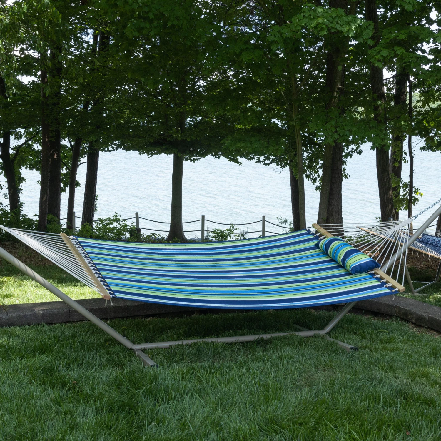 Large 45'' Quilted Fabric Hammock With Patented KD Space Saving Hammock Stand And Pillow Combo - Blue And Green Stripe 4 Large 45'' Quilted Fabric Hammock With Patented KD Space Saving Hammock Stand And Pillow Combo - Blue And Green Stripe - Image 2