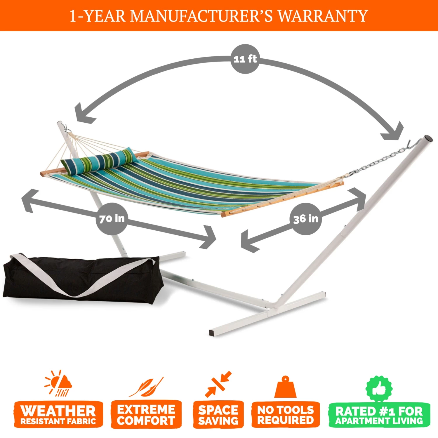 Single 36'' Quilted Fabric Hammock With Patented KD Space Saving Hammock Stand, Pillow & Storage Bag Combo - Blue And Green Stripe 6 Single 36'' Quilted Fabric Hammock With Patented KD Space Saving Hammock Stand, Pillow & Storage Bag Combo - Blue And Green Stripe - Image 4