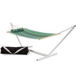 Single 36'' Quilted Fabric Hammock With Patented KD Space Saving Hammock Stand, Pillow & Storage Bag Combo - Blue And Green Stripe