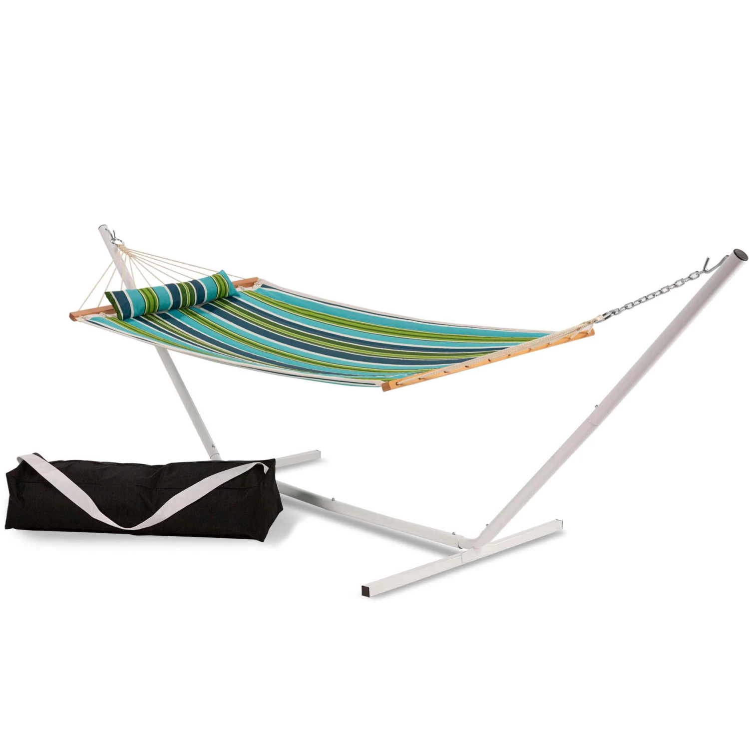 Single 36'' Quilted Fabric Hammock With Patented KD Space Saving Hammock Stand, Pillow & Storage Bag Combo - Blue And Green Stripe 3 Single 36'' Quilted Fabric Hammock With Patented KD Space Saving Hammock Stand, Pillow & Storage Bag Combo - Blue And Green Stripe