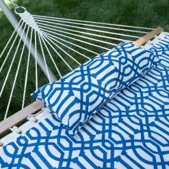 Single 36'' Quilted Fabric Hammock With Patented KD Space Saving Hammock Stand And Pillow Combo - Navy -Boutique Hammock Shop comboqp36nv lifestyle2 xx 1