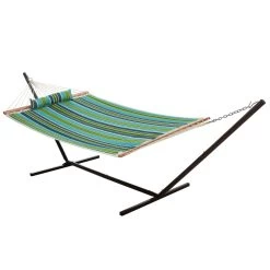 Single 36'' Quilted Fabric Hammock With Patented KD Space Saving Hammock Stand And Pillow Combo - Blue And Green Stripe