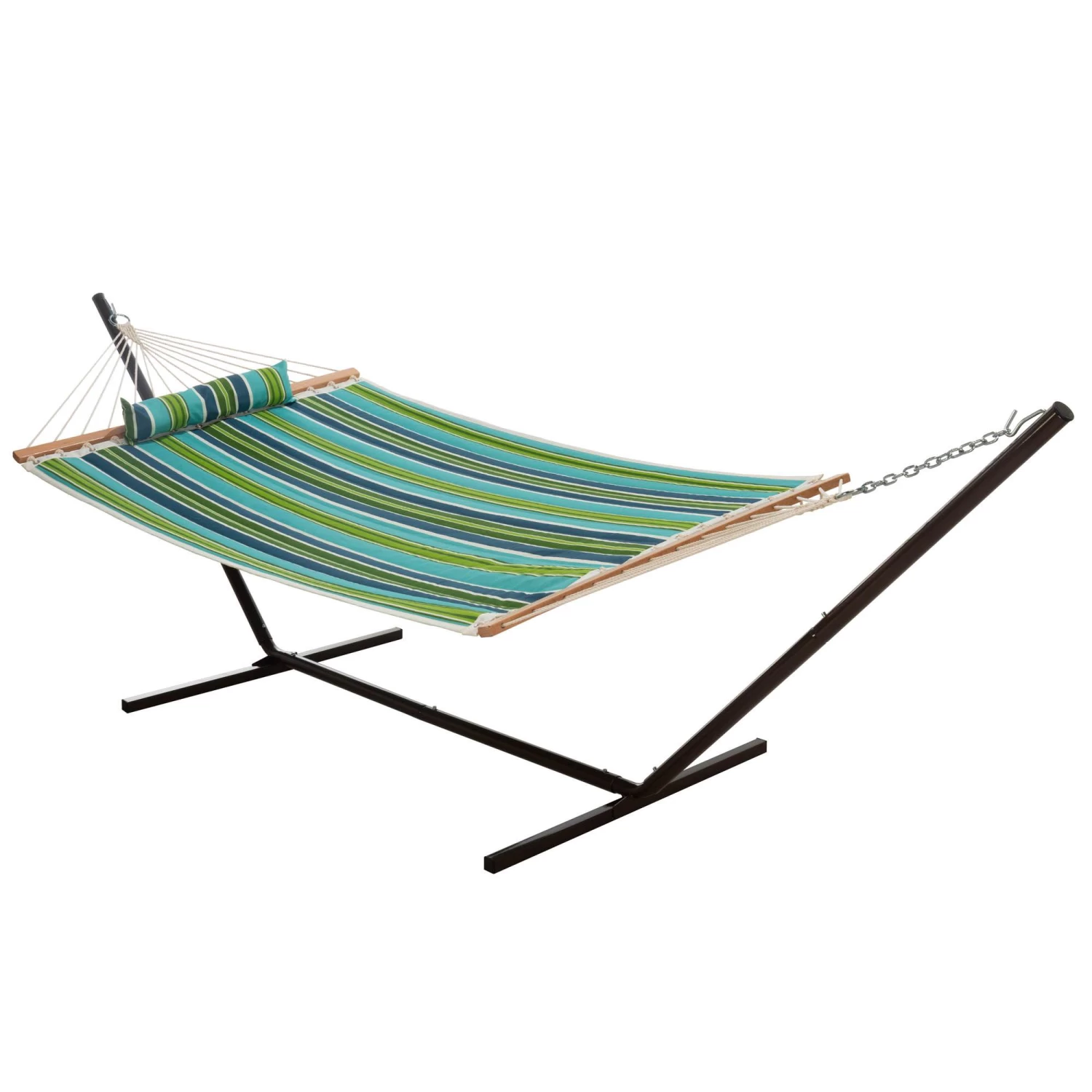 Large 45'' Quilted Fabric Hammock With Patented KD Space Saving Hammock Stand And Pillow Combo - Blue And Green Stripe 3 Large 45'' Quilted Fabric Hammock With Patented KD Space Saving Hammock Stand And Pillow Combo - Blue And Green Stripe