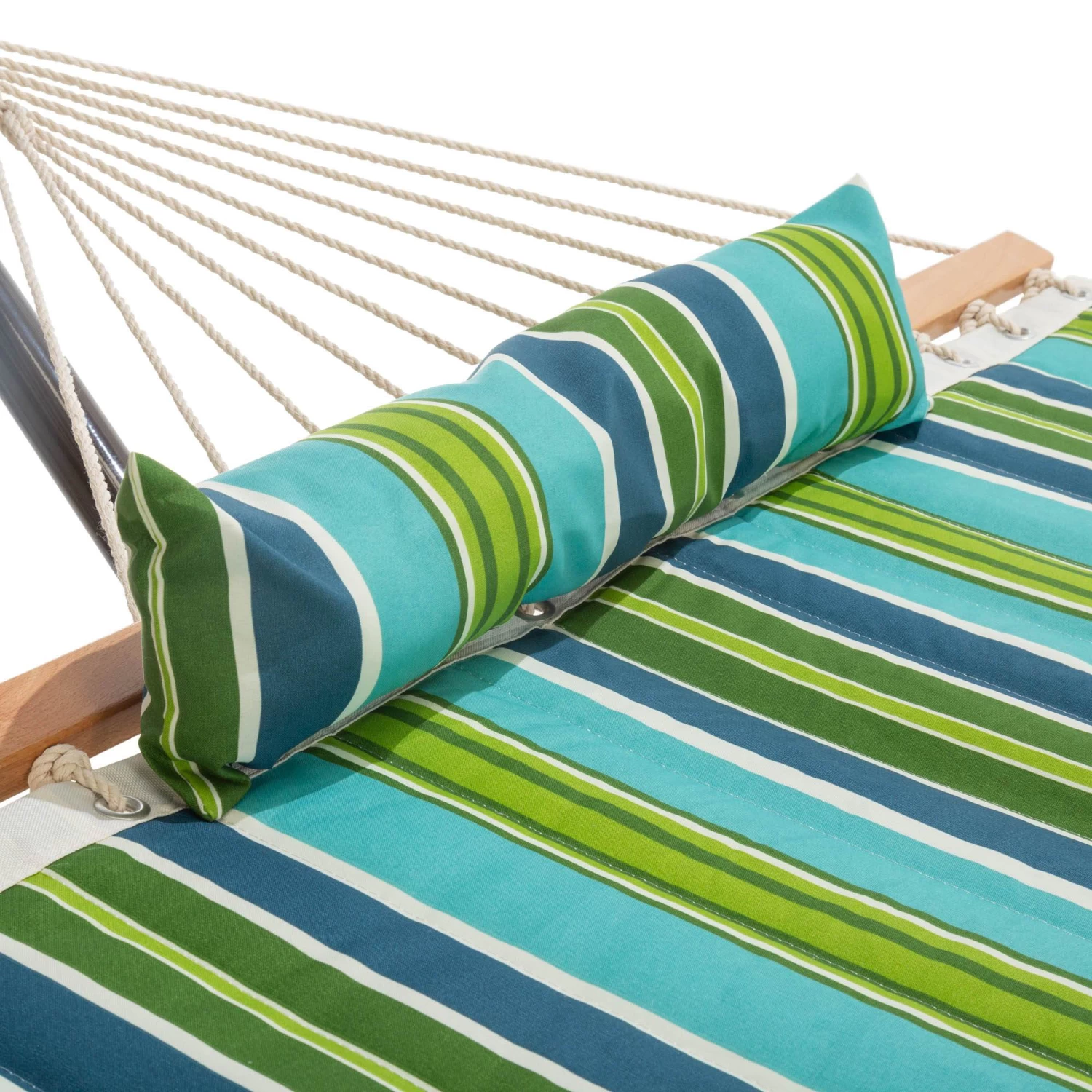 Large 45'' Quilted Fabric Hammock With Patented KD Space Saving Hammock Stand And Pillow Combo - Blue And Green Stripe 5 Large 45'' Quilted Fabric Hammock With Patented KD Space Saving Hammock Stand And Pillow Combo - Blue And Green Stripe - Image 3