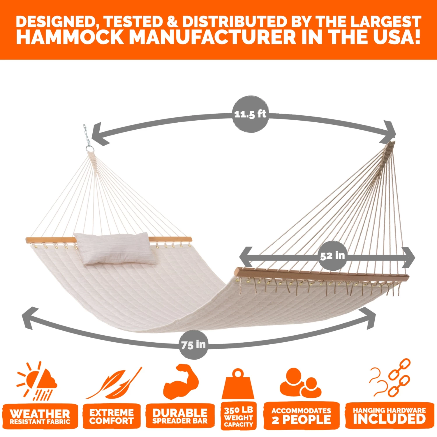 Large Double Quilted Hammock With Detachable Pillow - Natural Solid 10 Large Double Quilted Hammock With Detachable Pillow - Natural Solid - Image 8